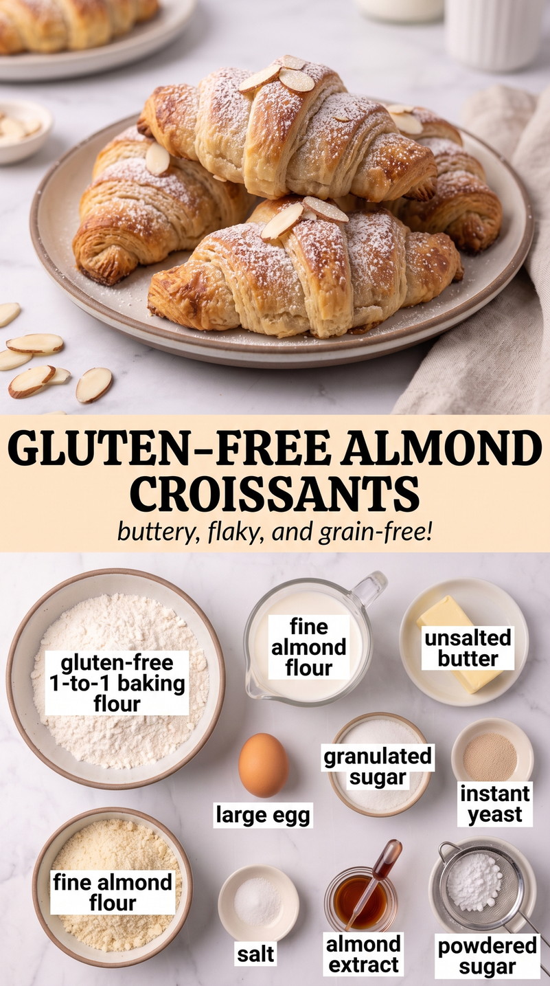 Gluten-free Almond Croissant Recipe showing gluten-free almond croissants with a golden shell, almond filling and sliced almonds