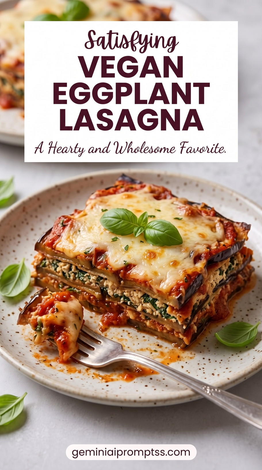 Vegan Eggplant Lasagna with Lentil Marinara and Tofu Ricotta showing vegan eggplant lasagna with eggplant layers, tomato sauce, greens, and browned plant-based cheese