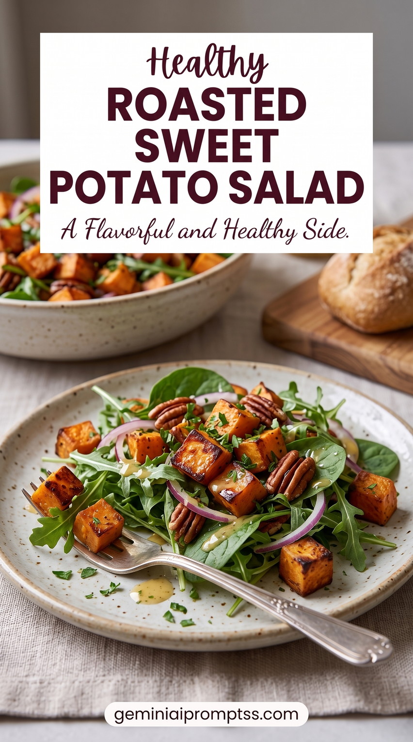 Roasted sweet potato salad recipe showing caramelized sweet potato cubes, peppery greens, red onion, pecans, and a glossy maple vinaigrette