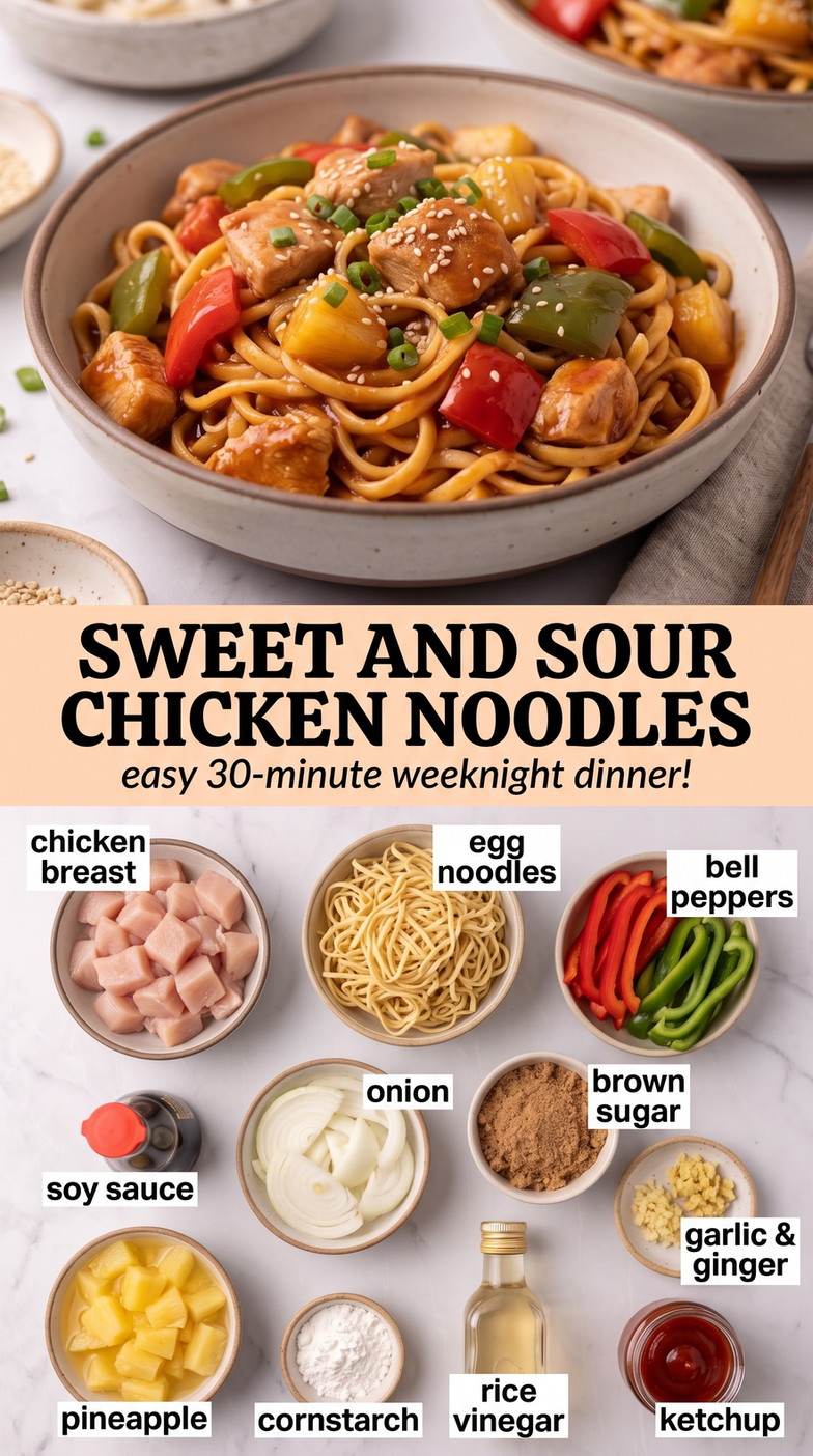 Sweet and sour chicken noodles finished dish made with chicken breast, egg noodles, and bell peppers