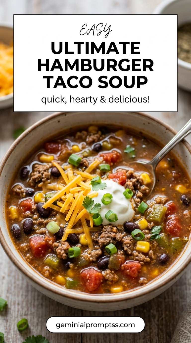 Hamburger Taco Soup showing hamburger taco soup with beef, black beans, corn, tomatoes, peppers, cheddar, sour cream, and green onions