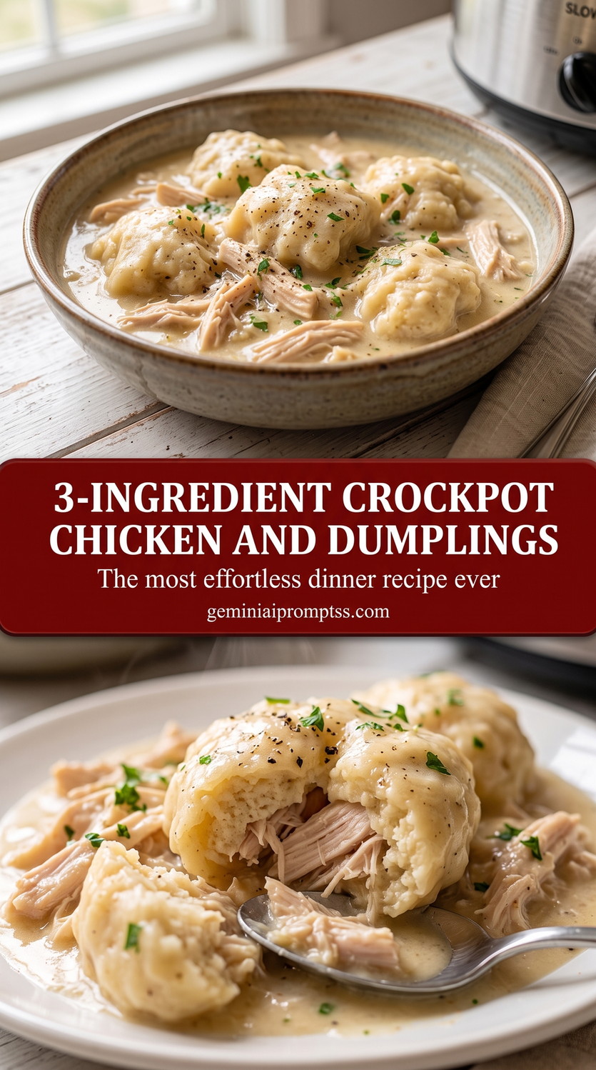 3-ingredient crockpot chicken and dumplings with a very simple creamy crockpot chicken and dumplings dish with shredded chicken and soft biscuit dumplings