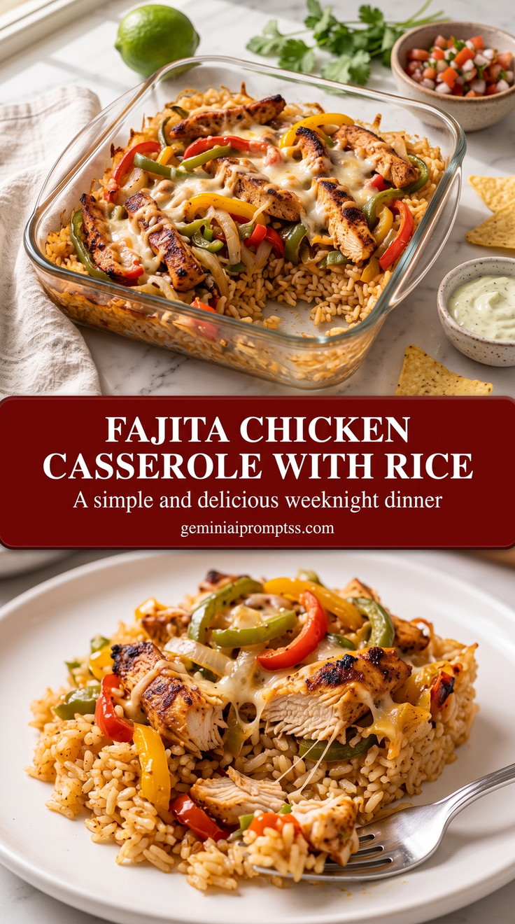 Chicken Fajita Rice Casserole finished dish with baked rice, chicken, peppers, cheese, and browned edges
