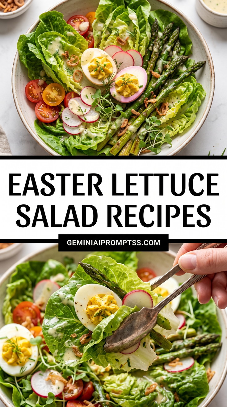 Easter Lettuce Salad Recipes showing romaine with roasted asparagus spears, hard-boiled egg halves, radish and tomatoes