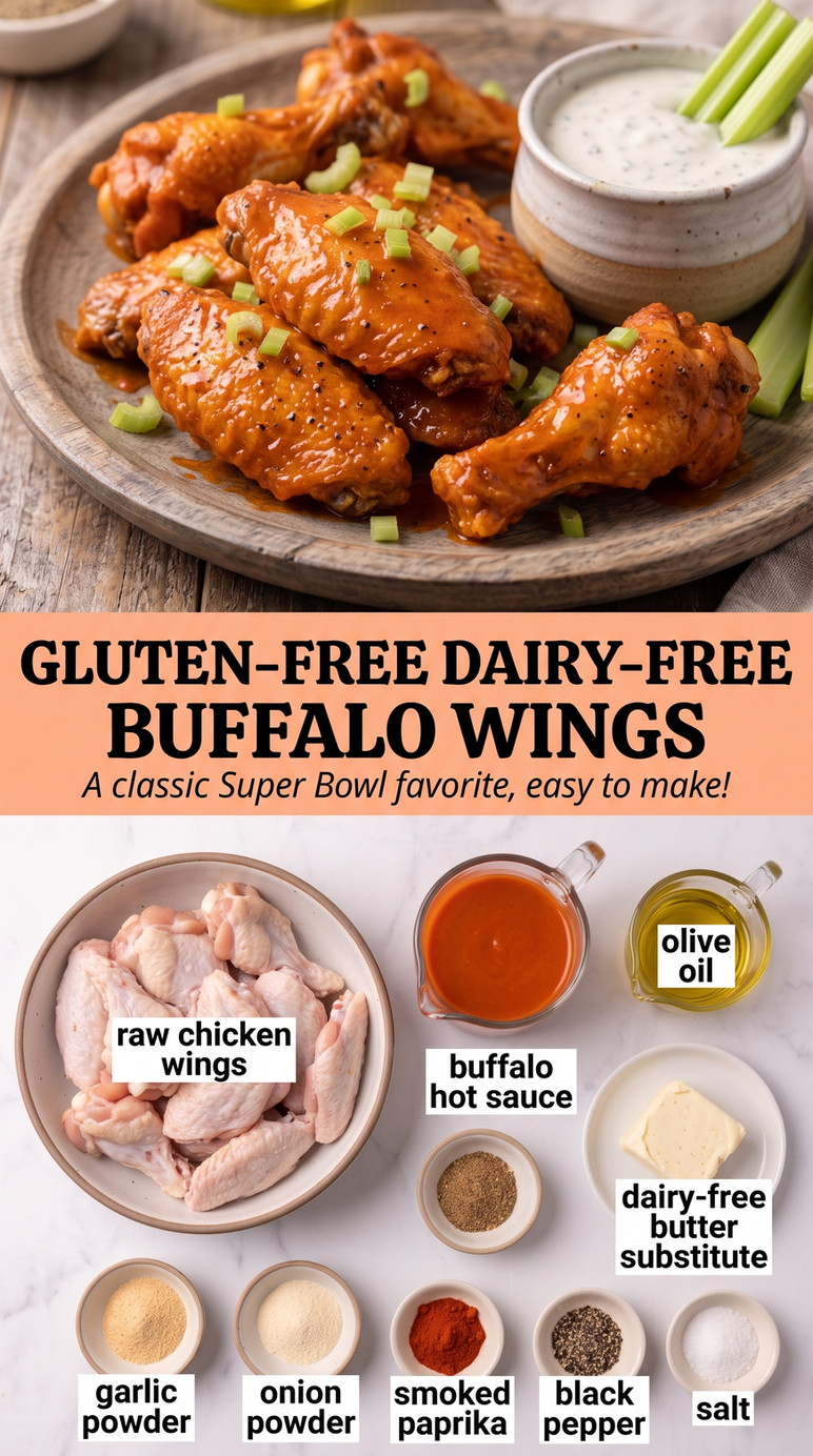 Gluten-free Dairy-free Super Bowl Food with gluten-free dairy-free buffalo wings with olive oil, plant-based butter, garlic, onion, smoked paprika, salt, and pepper