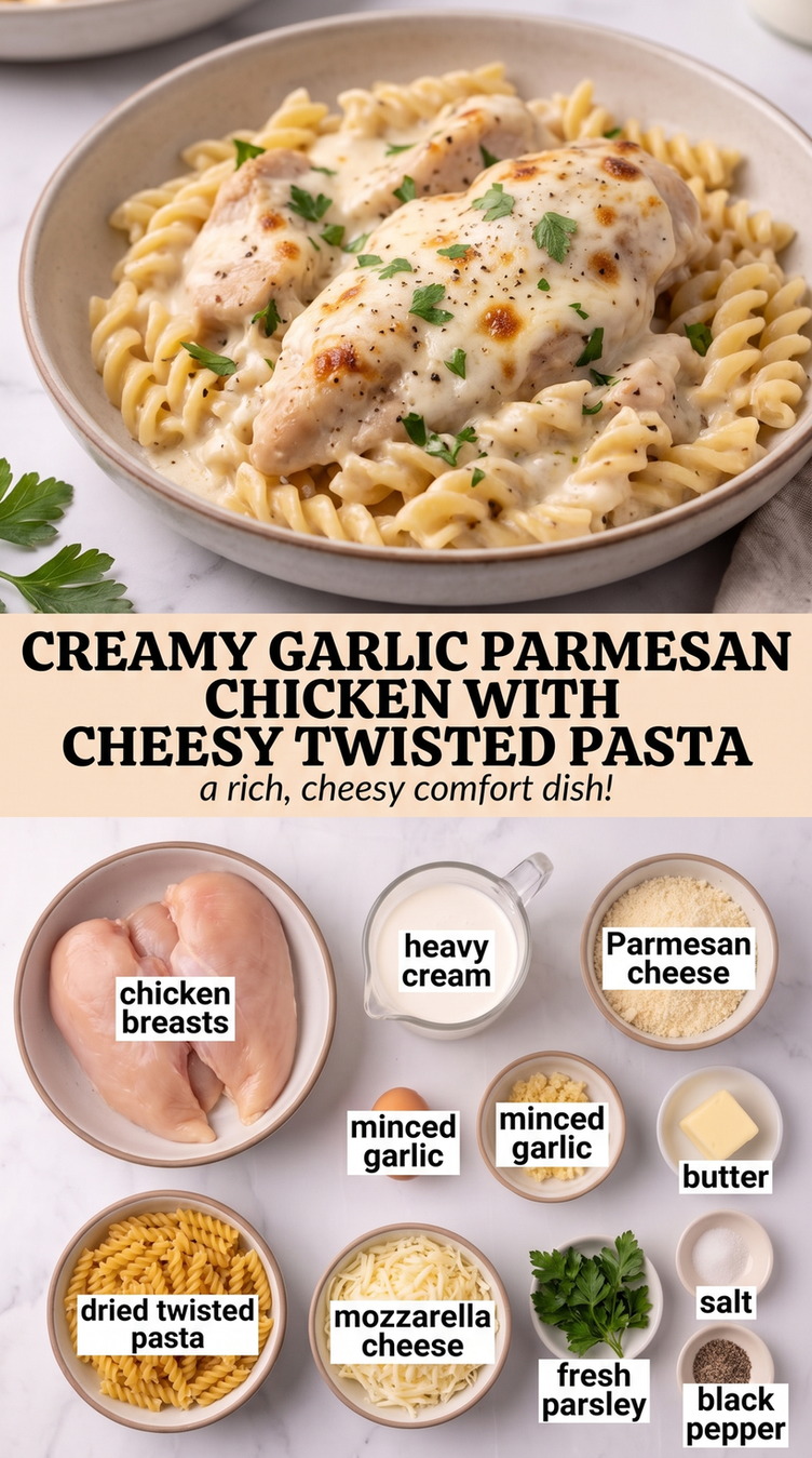 Creamy garlic parmesan chicken with cheesy twisted pasta showing creamy pasta coated in Parmesan sauce with tender chicken