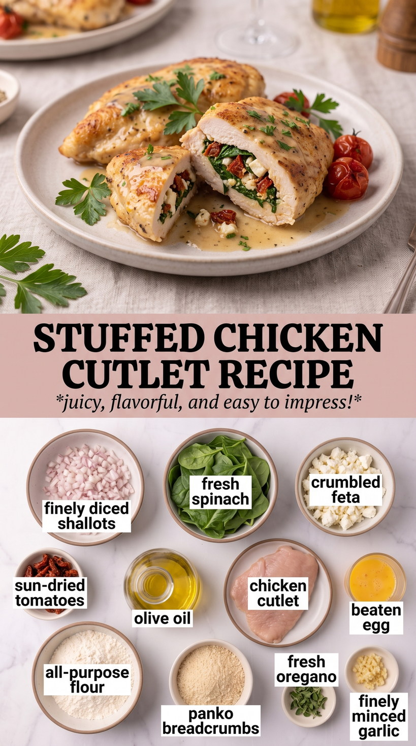 Stuffed Chicken Cutlets with Spinach and Provolone prepared as a finished stuffed chicken cutlet recipe recipe with browned cutlets ready to serve