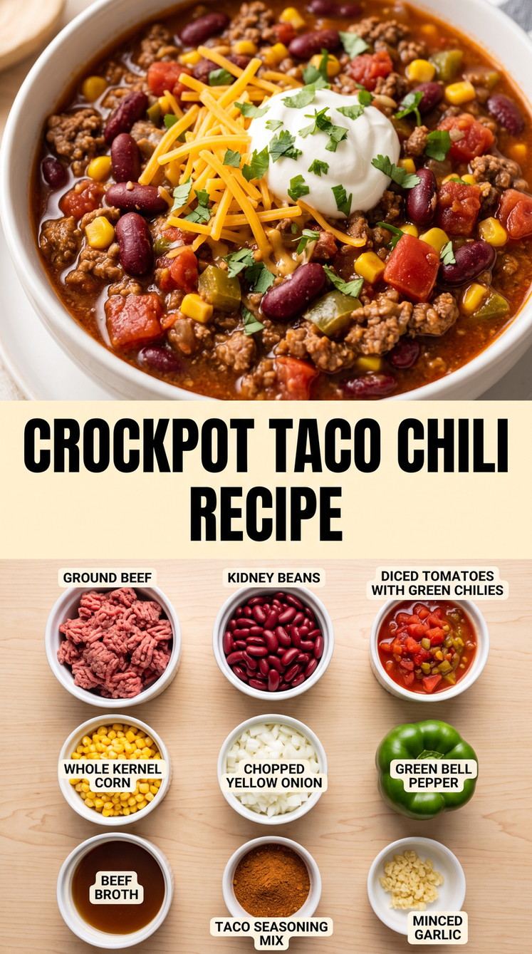 Crockpot Taco Chili Recipe with taco chili with beef, kidney beans, tomatoes with green chiles, corn, green pepper, onion, and taco seasoning