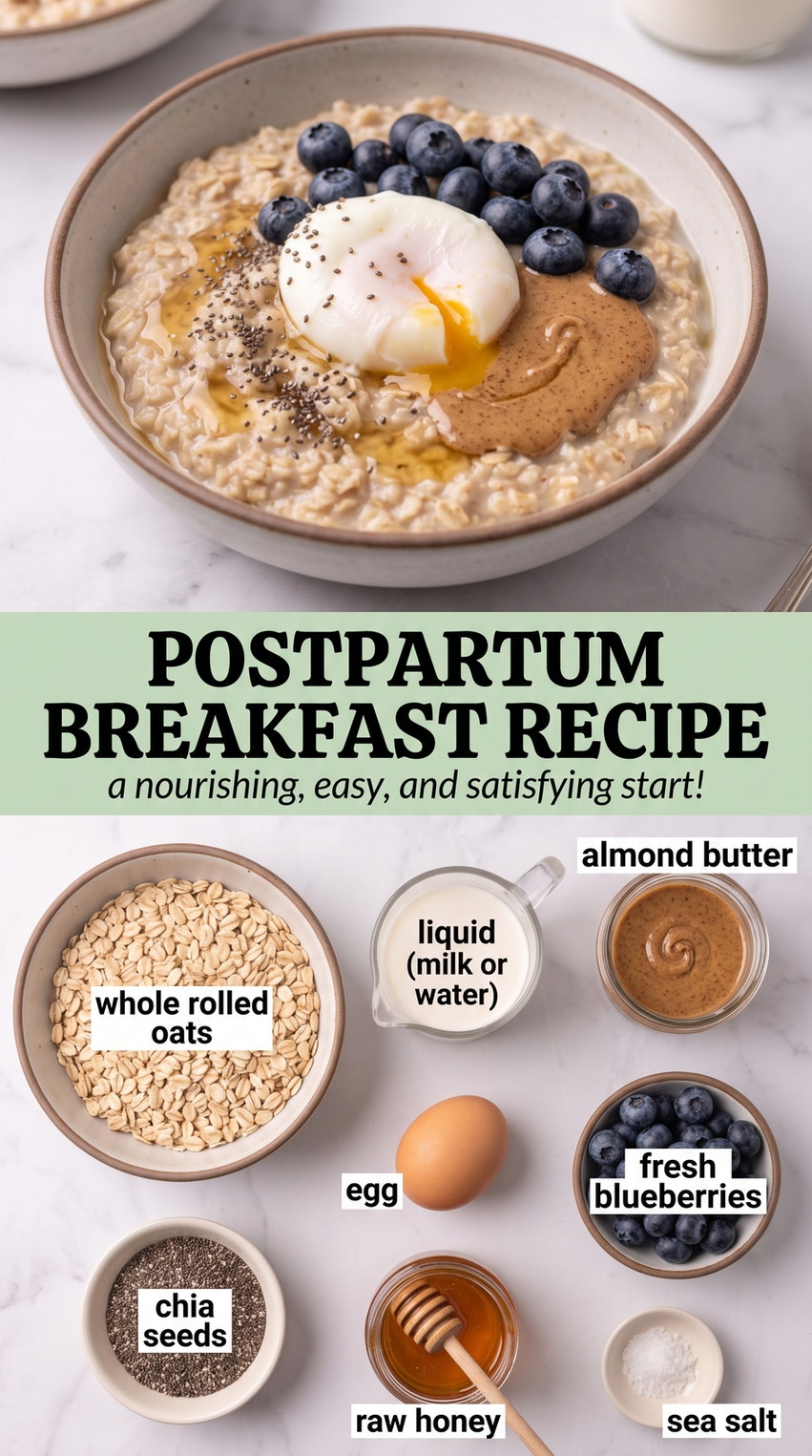 Postpartum Breakfast Recipes showing a warm oat breakfast bowl with blueberries, almond butter, chia and a softly cooked egg
