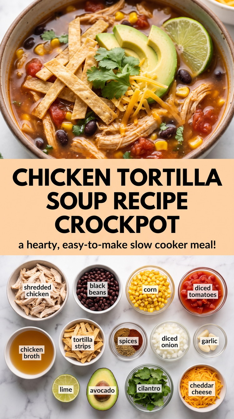 Crockpot Chicken Tortilla Soup - a hearty bowl with shredded chicken, beans, corn, tortilla strips, and fresh toppings