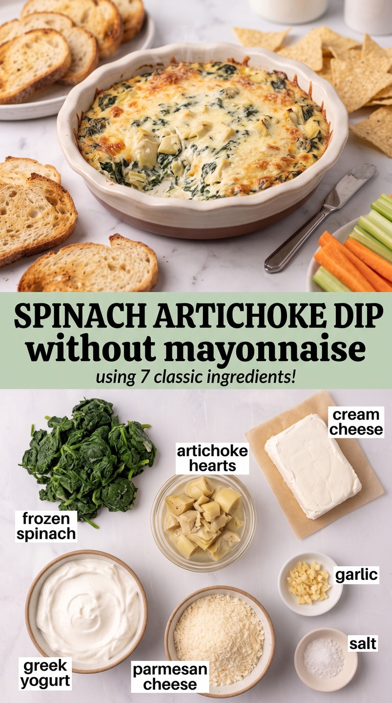 Spinach artichoke dip without mayonnaise finished dish made with frozen spinach, artichoke hearts, and cream cheese