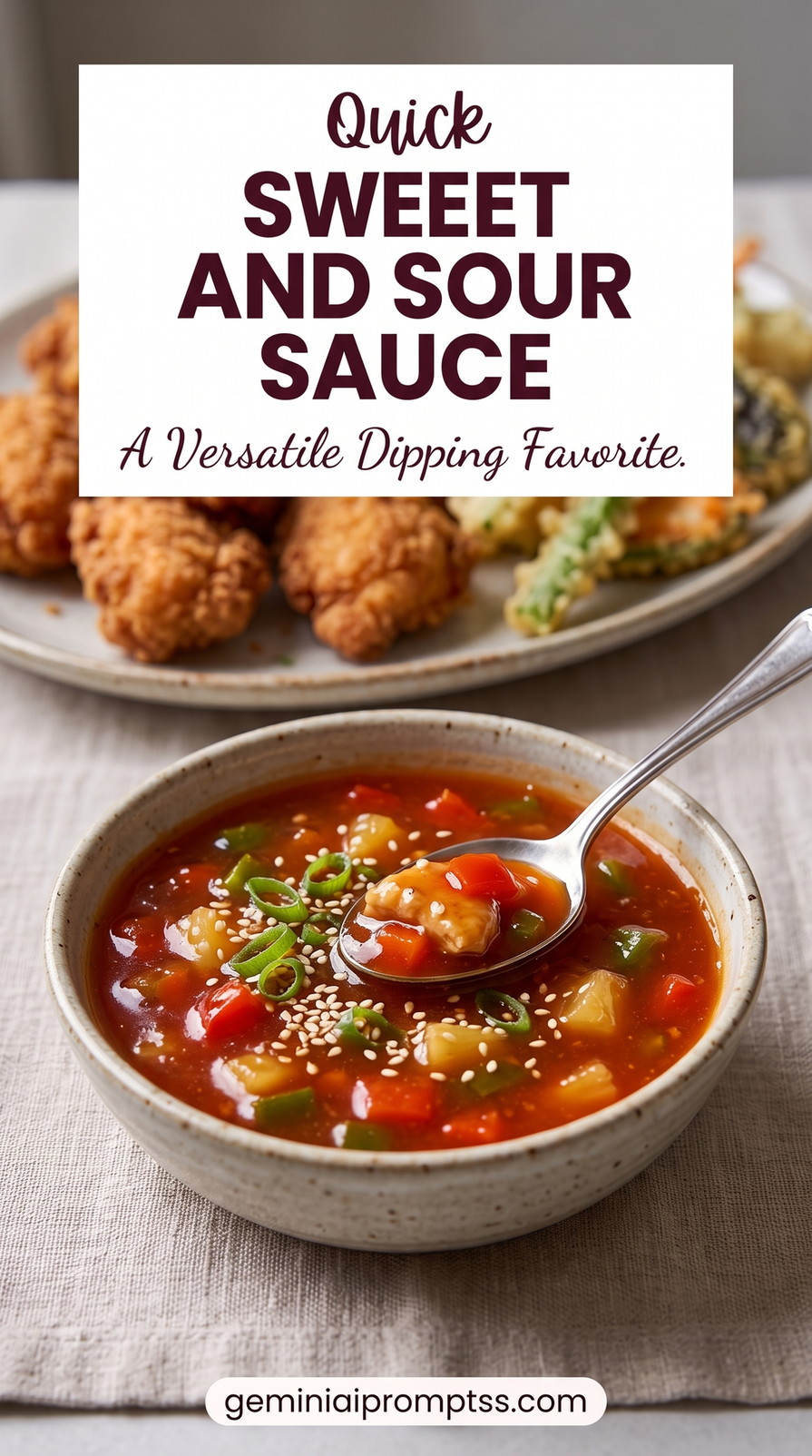 Quick sweet and sour sauce showing a fast saucepan sauce for fried chicken, tempura vegetables, or weeknight stir-fries