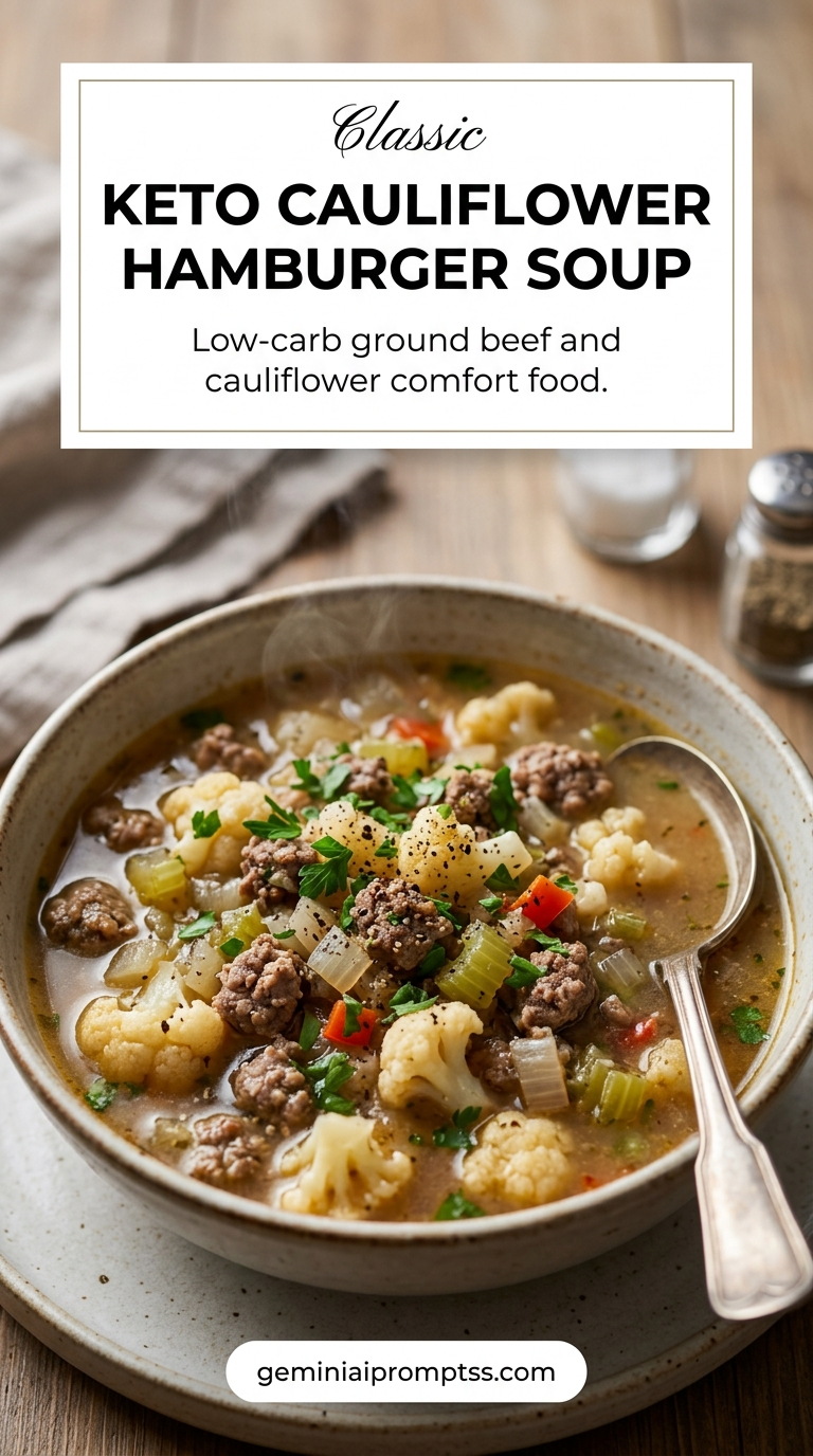 Keto Cauliflower Hamburger Soup showing a keto hamburger soup with cauliflower florets, ground beef, celery, peppers, onions, and fresh parsley