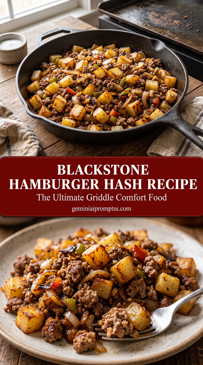 Blackstone hamburger hash recipe with a Blackstone-style hamburger hash with browned ground beef, crisp potato cubes, red and green peppers, onion, and griddle char