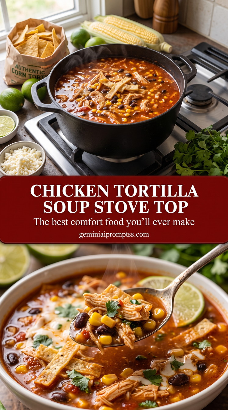 Chicken Tortilla Soup Stove Top with red chicken tortilla soup with black beans, corn, crisp tortilla strips, avocado, and fresh green garnish