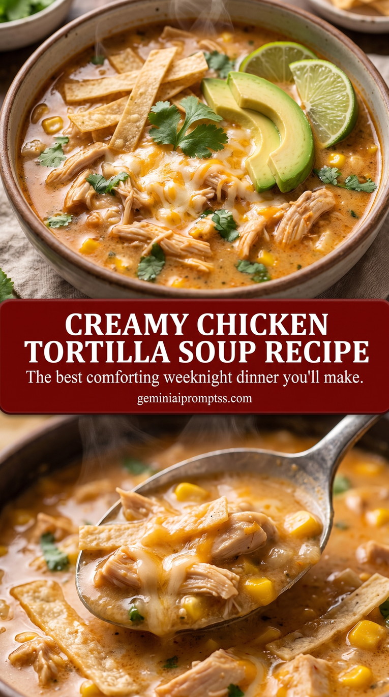 Creamy chicken tortilla soup recipe showing a hearty chicken tortilla soup with colorful toppings and crisp strips