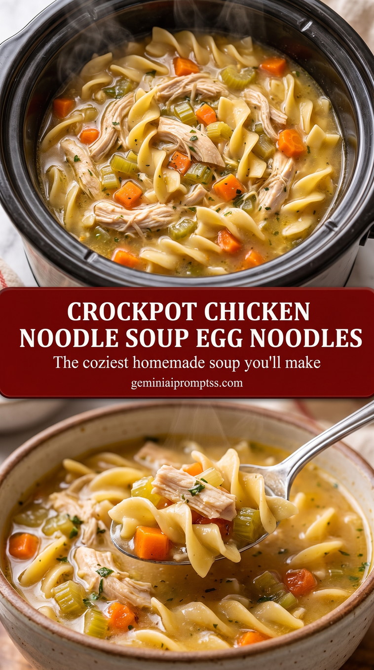 crockpot chicken noodle soup with egg noodles with carrots, celery, egg noodles, and tender shredded chicken