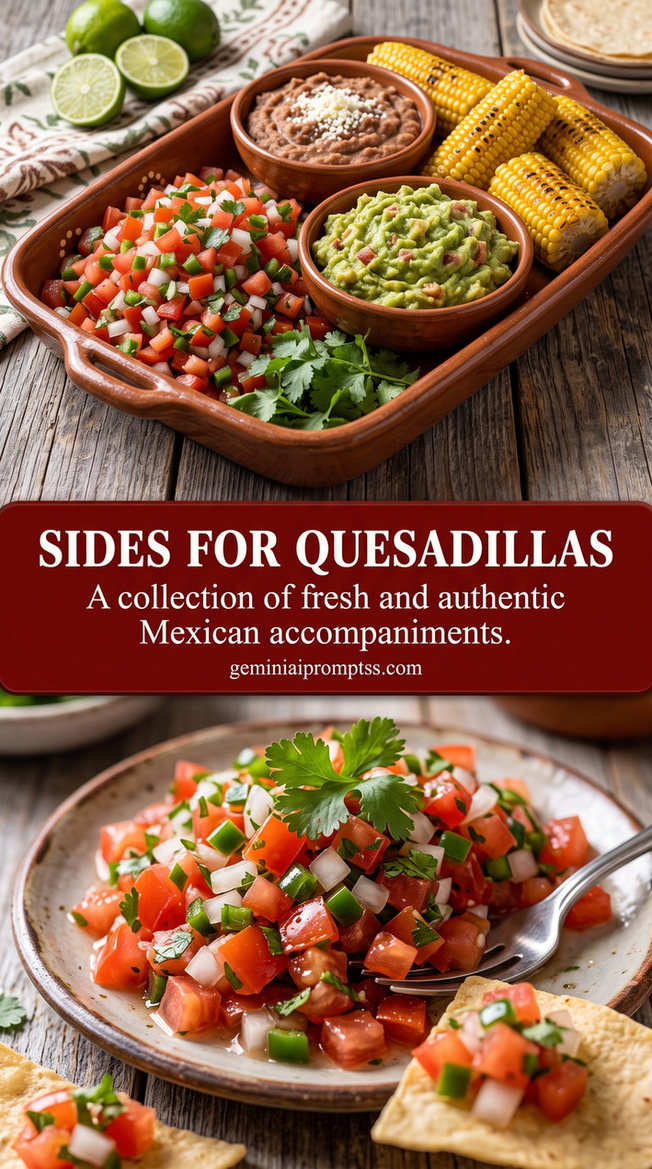 Fresh Pico de Gallo Quesadilla Side Platter finished dish with fresh tomato salsa, avocado, beans, corn, and quesadilla wedges