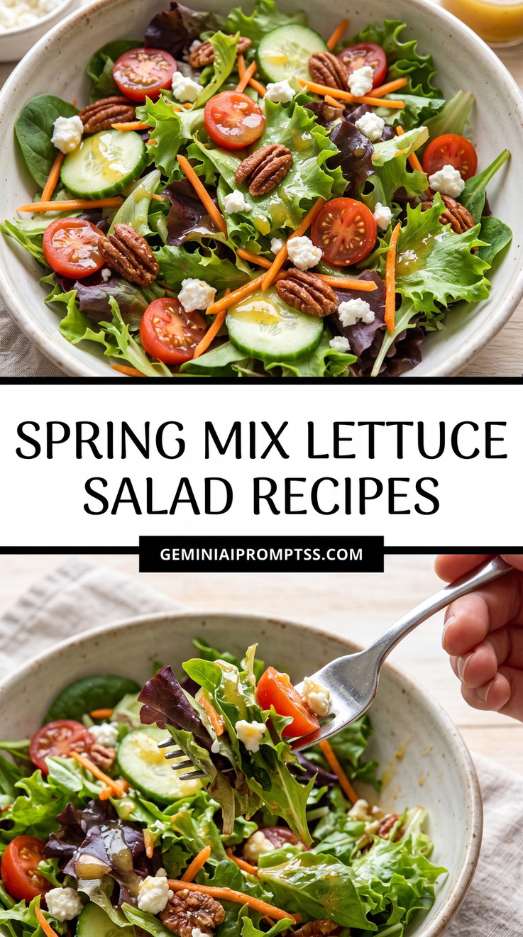 Spring Mix Lettuce Salad Recipes showing spring mix with cucumber, tomatoes, carrot strips, pecans and white cheese