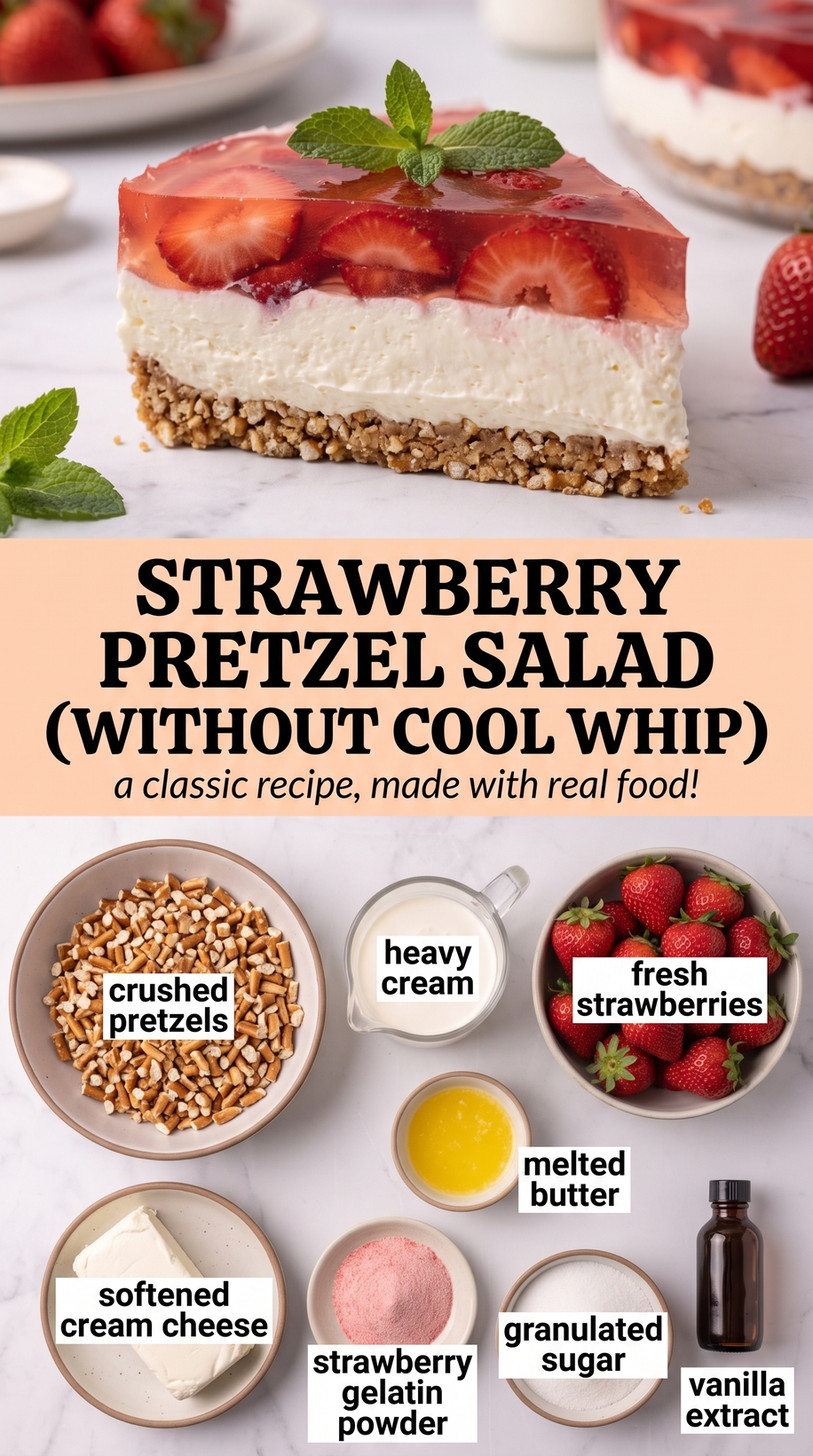Strawberry Pretzel Salad Without Cool Whip with strawberry pretzel salad without prepared whipped topping, using fresh heavy cream, cream cheese, vanilla, and berries