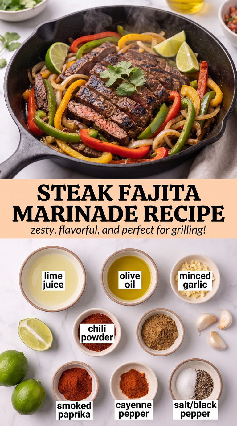 Steak fajita marinade recipe showing sliced grilled skirt steak with charred peppers and onions