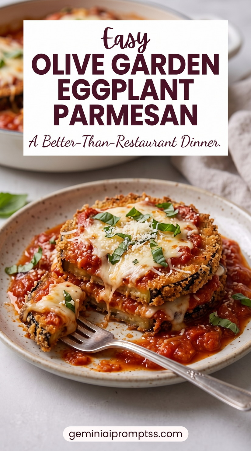 Olive Garden-Inspired Eggplant Parmesan showing restaurant-style eggplant parmesan with breaded rounds, tomato sauce, melted cheese, and herbs