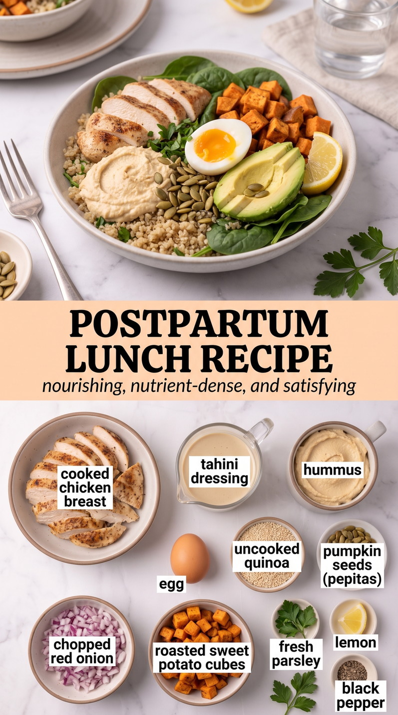 Postpartum Lunch Recipes showing a balanced lunch bowl with chicken, quinoa, egg, avocado, sweet potato, hummus and tahini