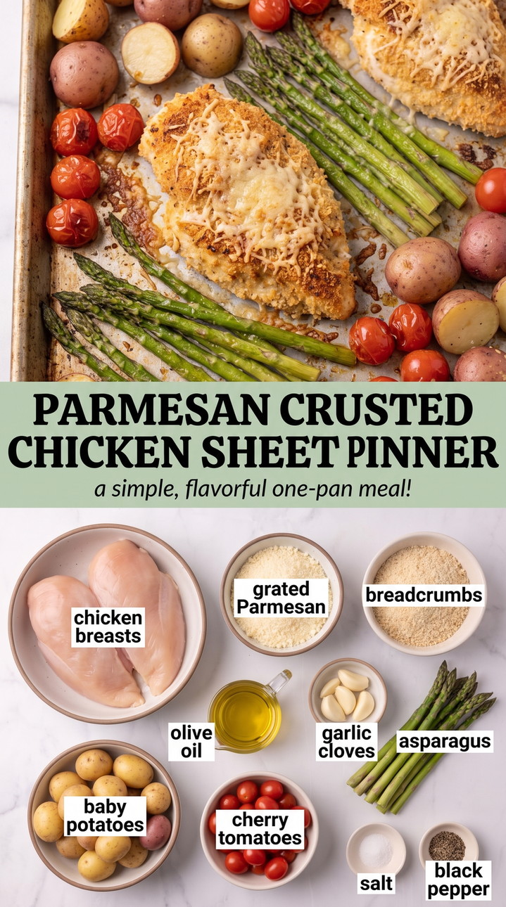 Parmesan Crusted Chicken Sheet Pan Dinner - golden Parmesan-crusted chicken with a crisp cheesy coating