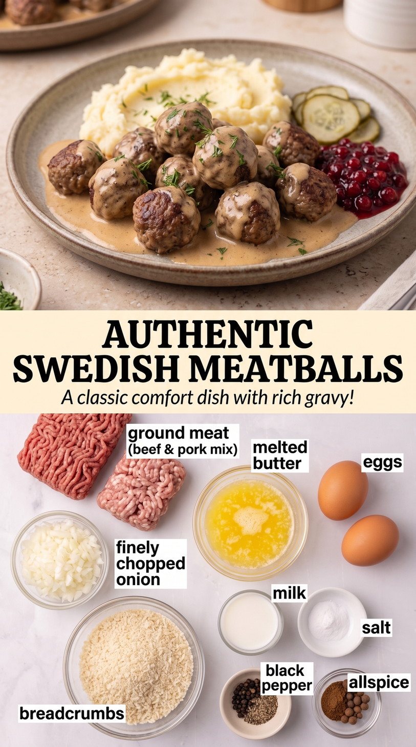 Authentic Swedish meatballs finished dish made with ground beef and pork, melted butter, and eggs