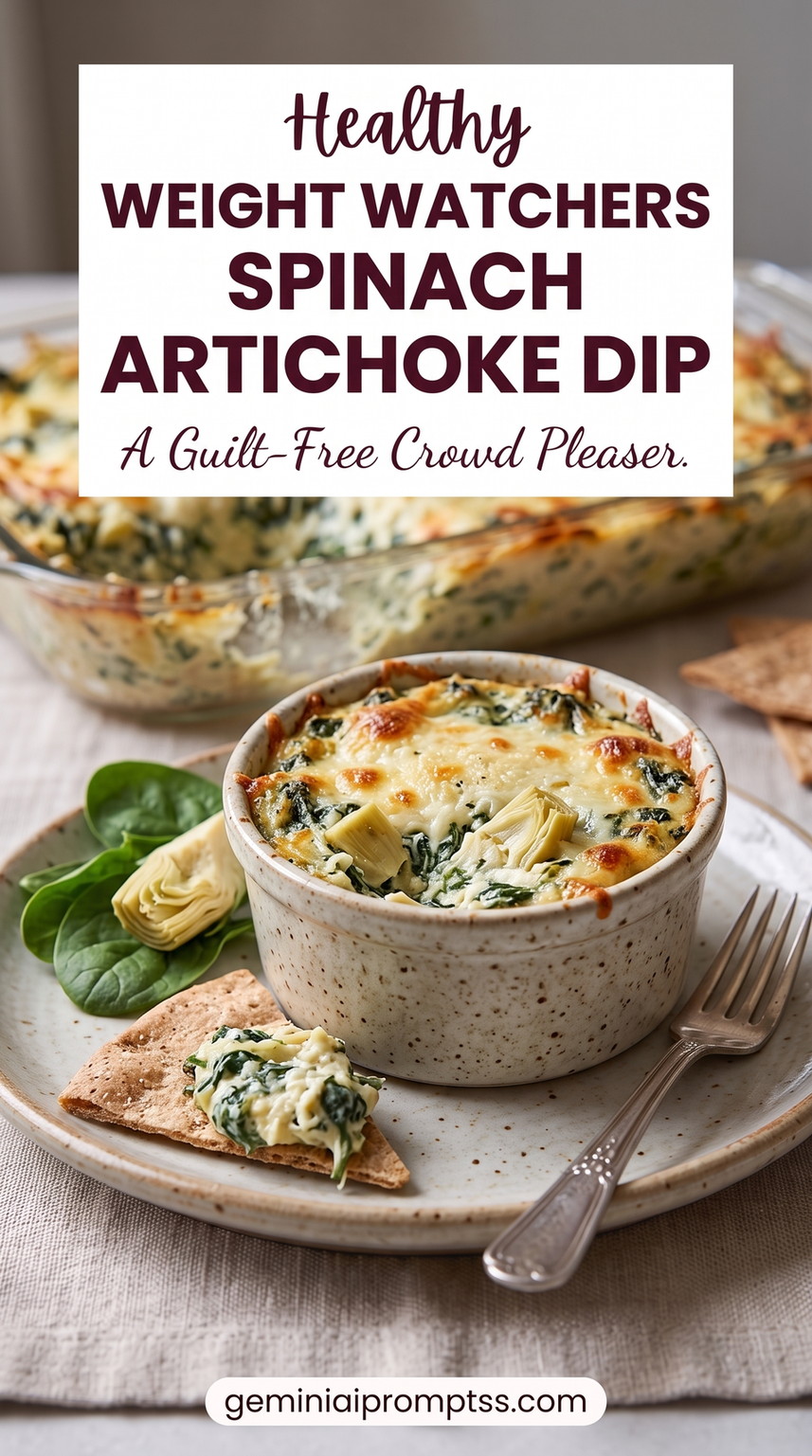 Weight Watchers spinach artichoke dip showing a lighter portion-controlled dip with visible spinach, artichoke, and browned part-skim cheese