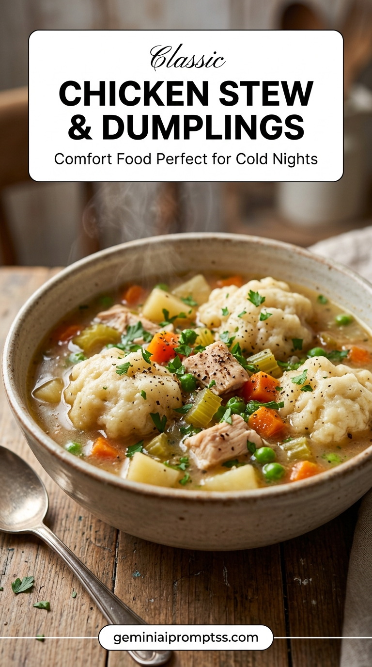 Chicken Stew and Dumplings showing a hearty chicken stew with potatoes, carrots, celery, peas, and fluffy dumplings