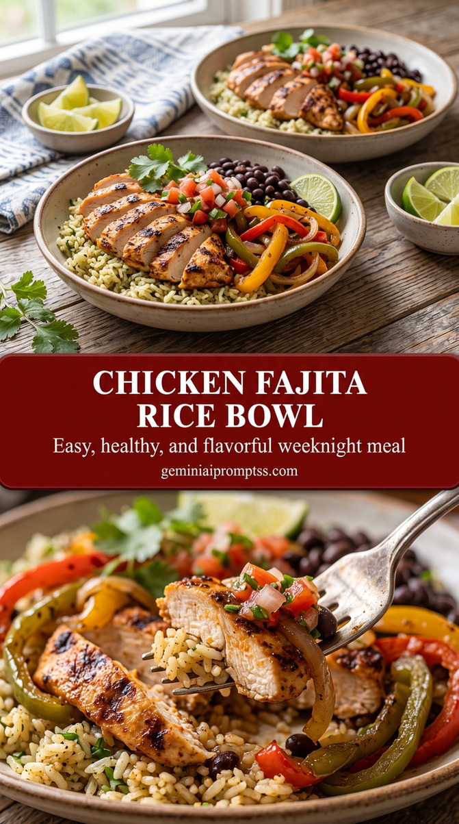 Chicken Fajita Rice Bowl with Avocado and Pico finished dish with rice, fajita chicken, peppers, avocado, pico de gallo, beans, and corn