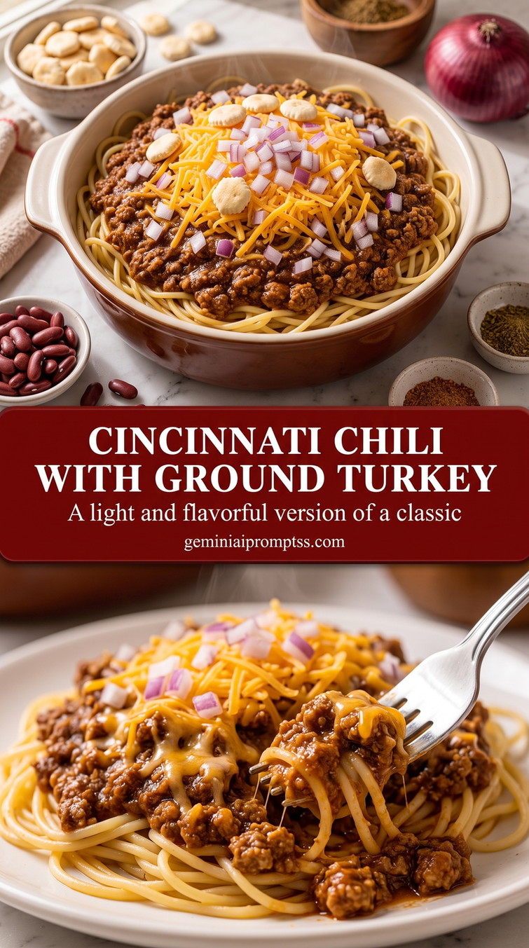 Cincinnati chili with ground turkey with Cincinnati-style ground turkey chili over spaghetti with cheddar, red onion, oyster crackers, and kidney beans nearby