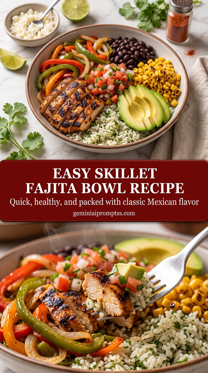 Fajita Bowl Recipe with browned chicken or steak with red and green peppers, onions, and a bright fresh finish
