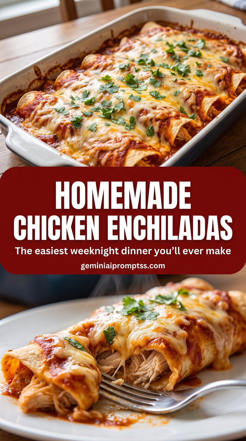 homemade chicken enchiladas with roasted red sauce with chicken, roasted-style red sauce, tortillas, cheese, and cilantro