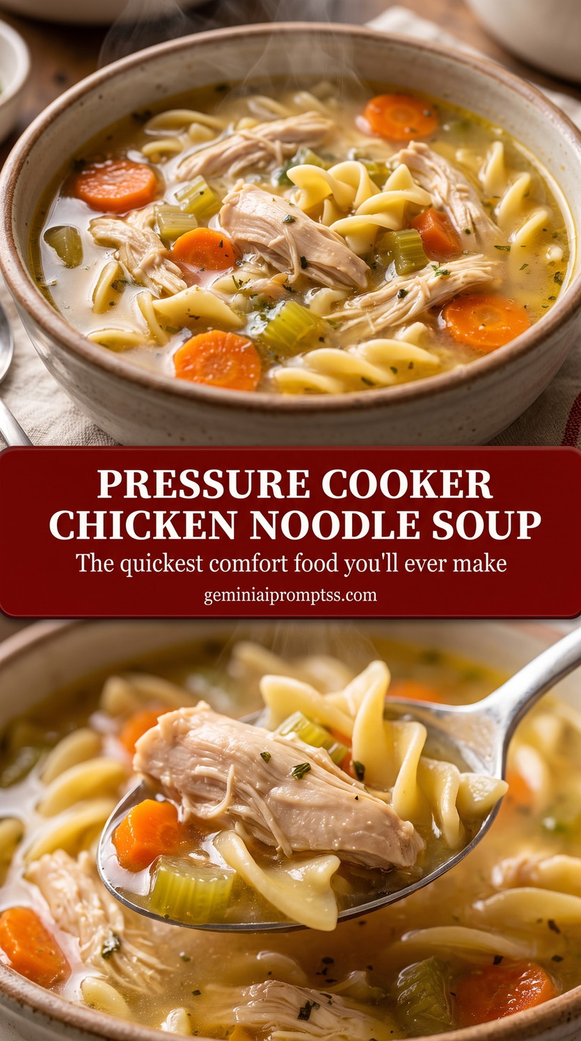 Pressure cooker chicken noodle soup showing a comforting chicken noodle soup with tender vegetables and noodles