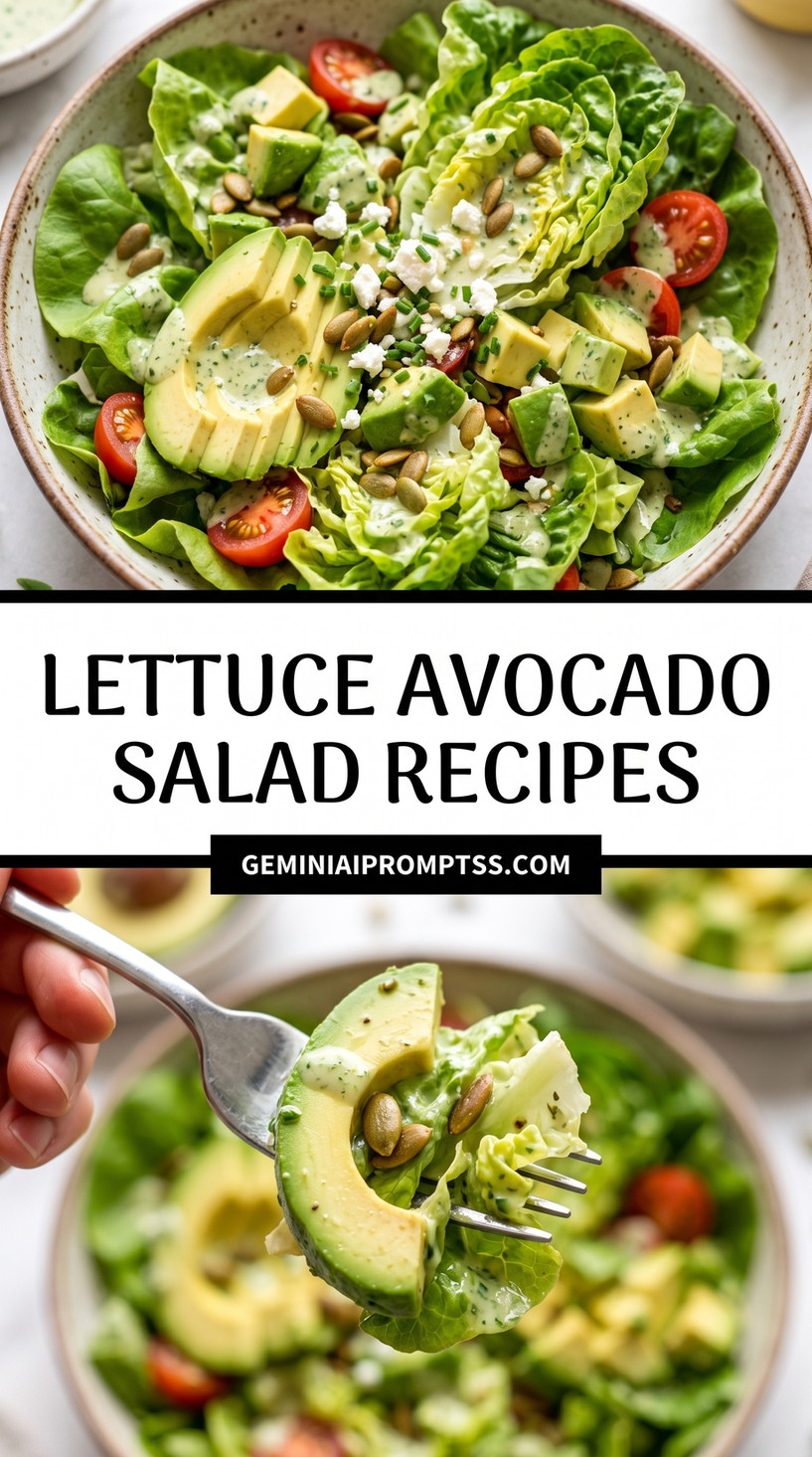 Lettuce Avocado Salad Recipes showing lettuce with large avocado slices, cherry tomatoes, cucumber, crumbled cheese and seeds