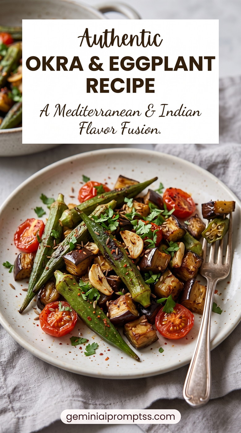 Okra and Eggplant Tomato Skillet showing okra and eggplant with cherry tomatoes and herbs in a skillet-style presentation