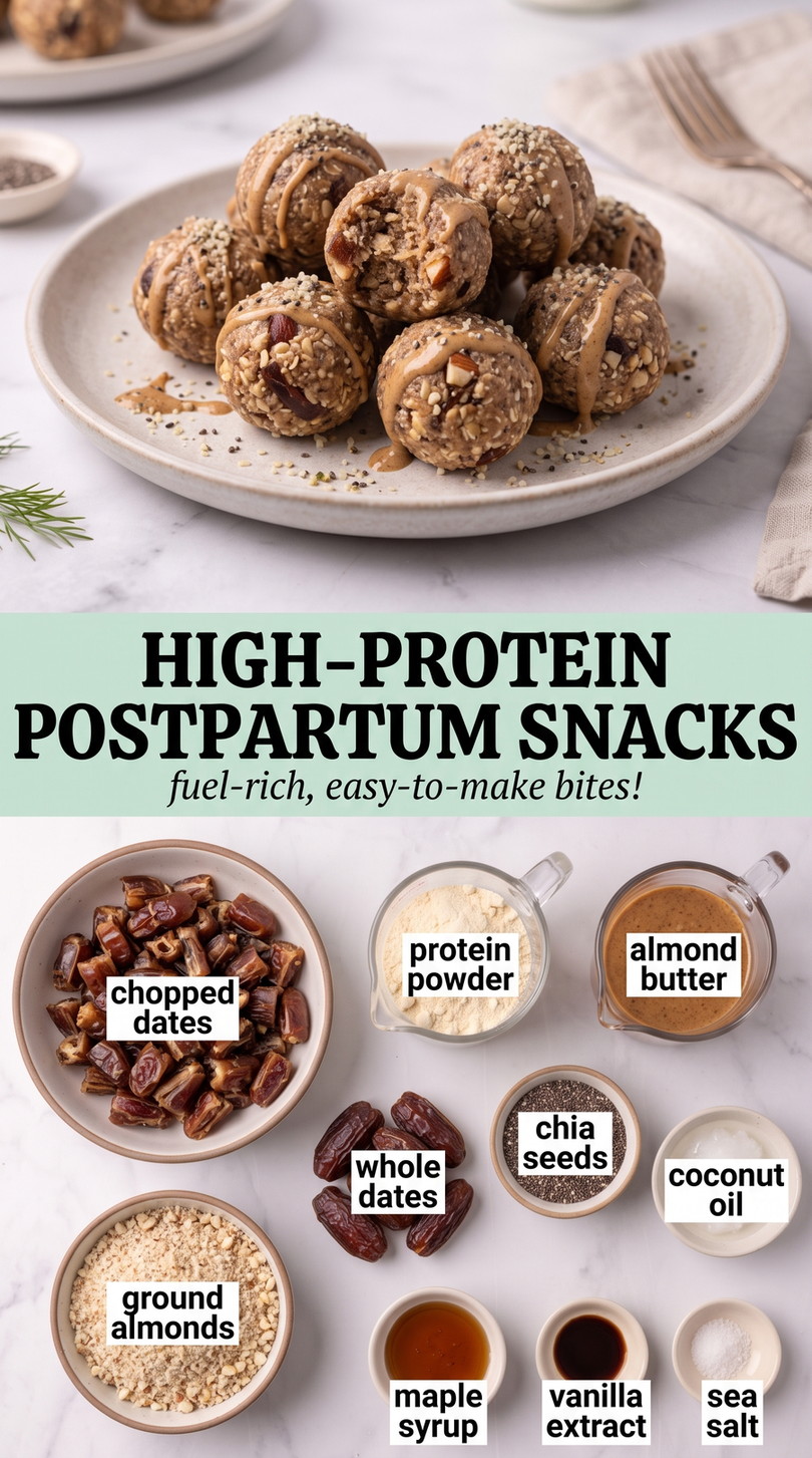 High-protein Postpartum Snacks showing dense high-protein date and almond snack bites