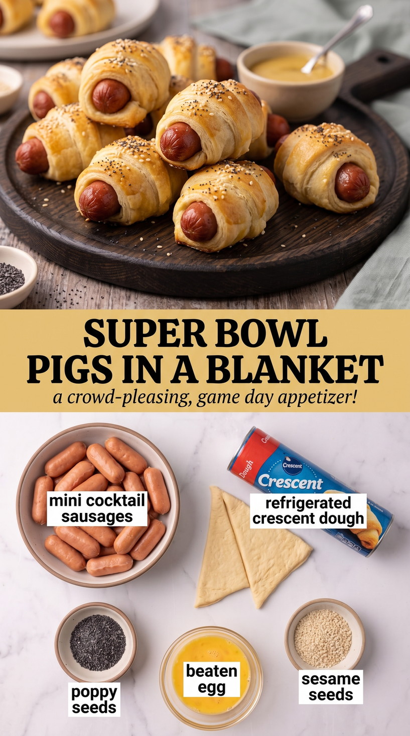 Super Bowl Pigs in a Blanket with golden pigs in a blanket wrapped in crescent dough and finished with egg wash, poppy seeds, and sesame seeds