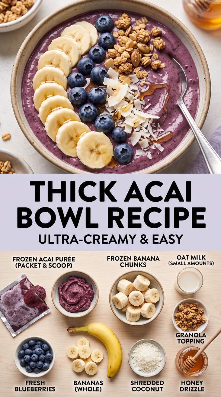 Thick Acai Bowl Recipe with extra-thick acai with banana, oat milk, blueberries, granola, coconut, and honey