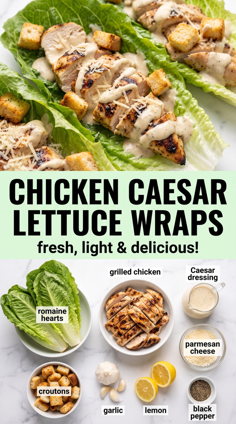 Chicken Caesar Lettuce Wraps - chicken with crisp romaine, Parmesan, Caesar dressing, and crunchy toppings
