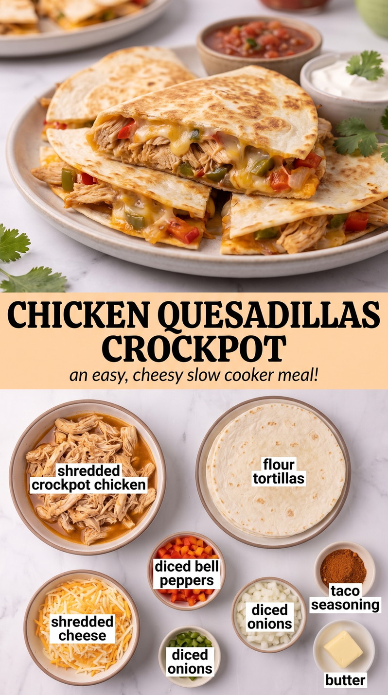 Chicken quesadillas crockpot showing golden crisp quesadillas with melted cheese and a savory filling
