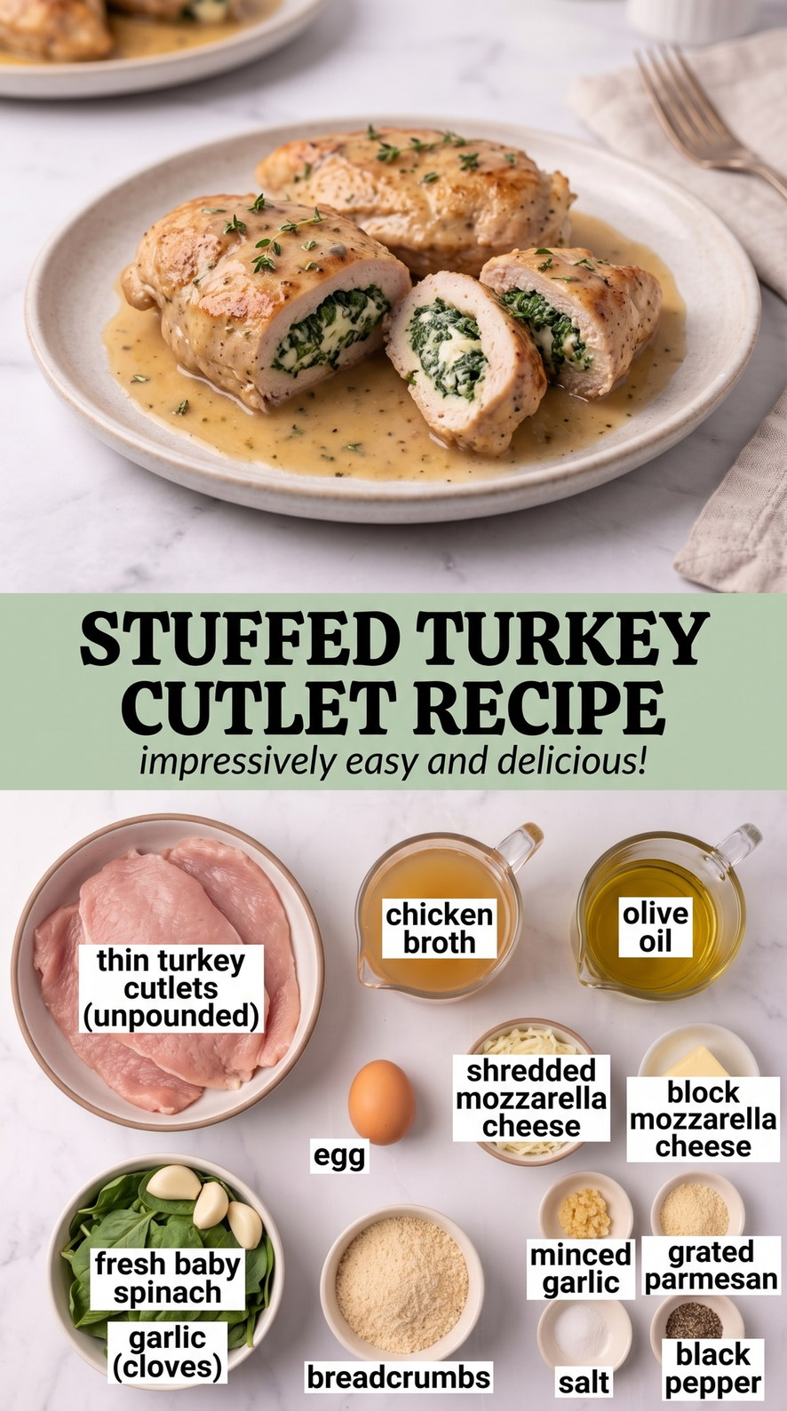 Stuffed Turkey Cutlets with Spinach and Cranberry prepared as a finished stuffed turkey cutlet recipe recipe with browned cutlets ready to serve