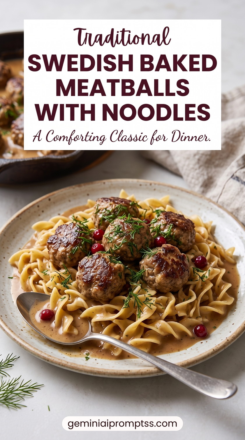 Swedish baked meatballs with noodles showing browned meatballs baked over wide egg noodles in creamy dill gravy
