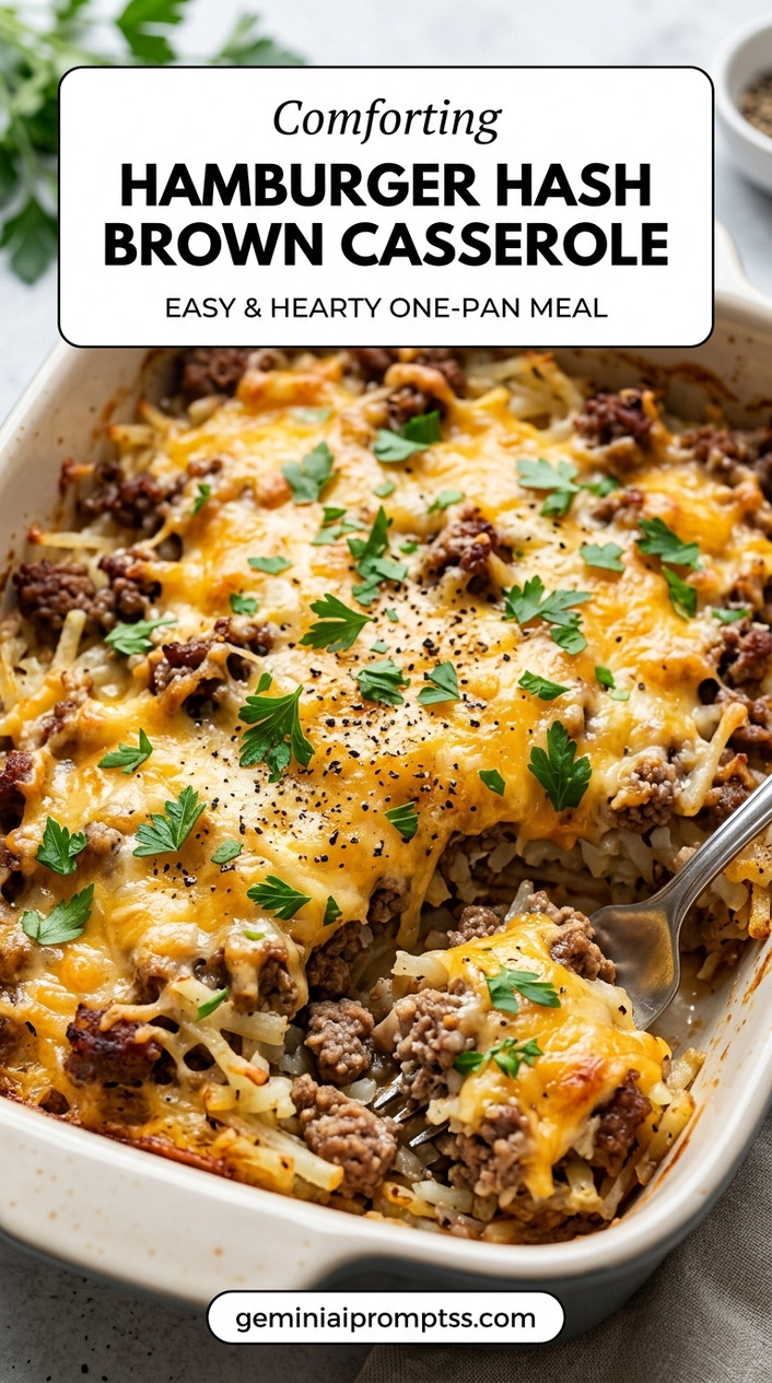 Hamburger Hash Brown Casserole showing a hamburger hash-brown casserole with ground beef, shredded potatoes, melted cheddar, and parsley