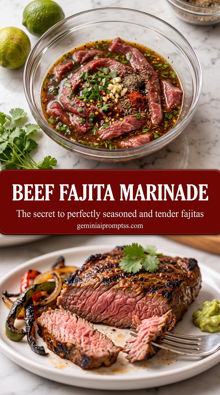 Beef Fajita Marinade with well-browned fajita meat with peppers, onion, lime, and a dark savory marinade