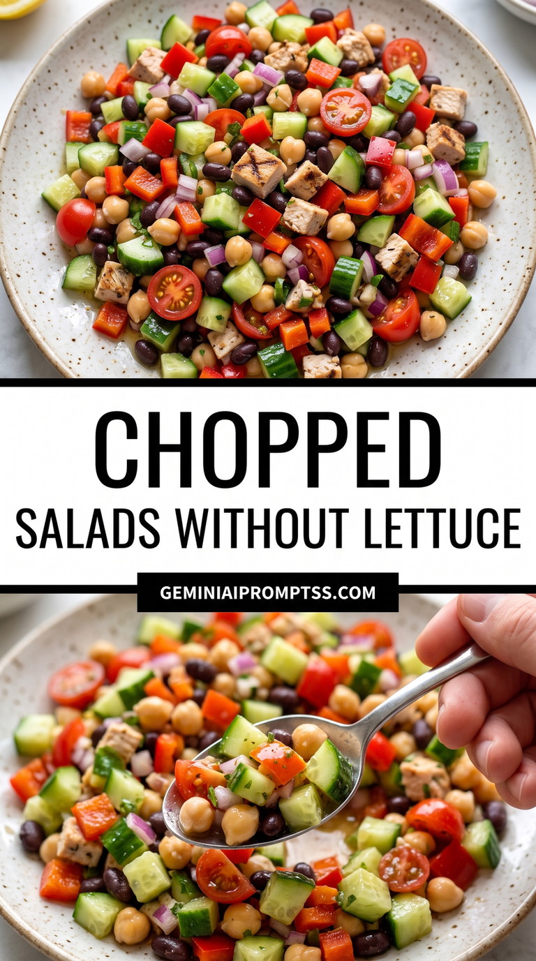 Chopped Salads Without Lettuce showing finely chopped colorful vegetables and chickpeas with no lettuce, plus white cheese and herbs