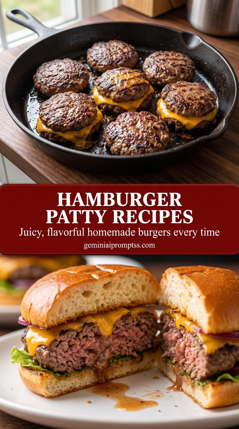 hamburger patty recipes with dark browned hamburger patties in a skillet, with melted cheddar on some patties and burger buns for serving
