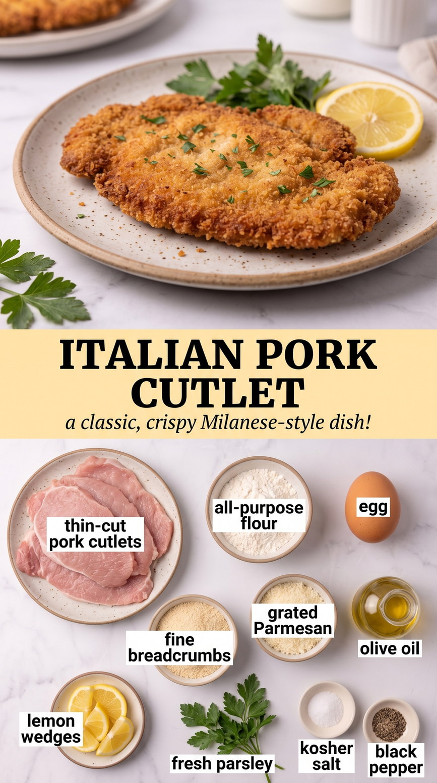 Italian Pork Cutlets with Parmesan and Herbs prepared as a finished italian pork cutlet recipe recipe with browned cutlets ready to serve